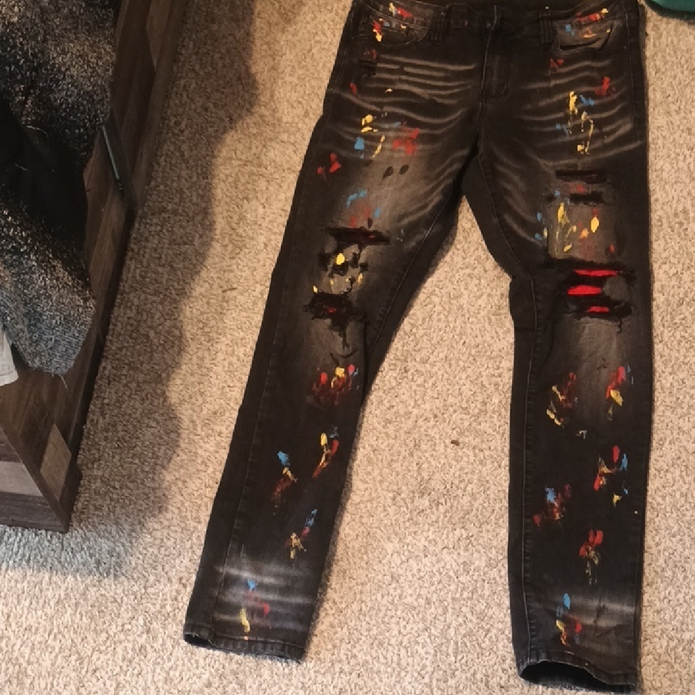 Black Distressed Paint-Splatter Men's Jeans
